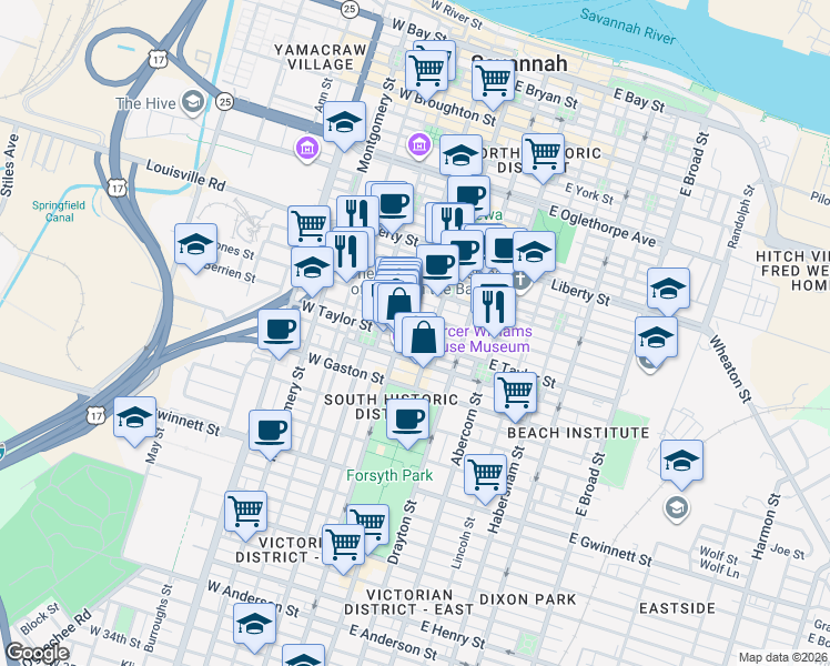 map of restaurants, bars, coffee shops, grocery stores, and more near 14 West Taylor Street in Savannah
