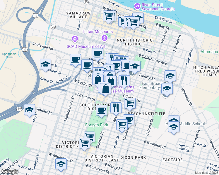 map of restaurants, bars, coffee shops, grocery stores, and more near 2 East Taylor Street in Savannah