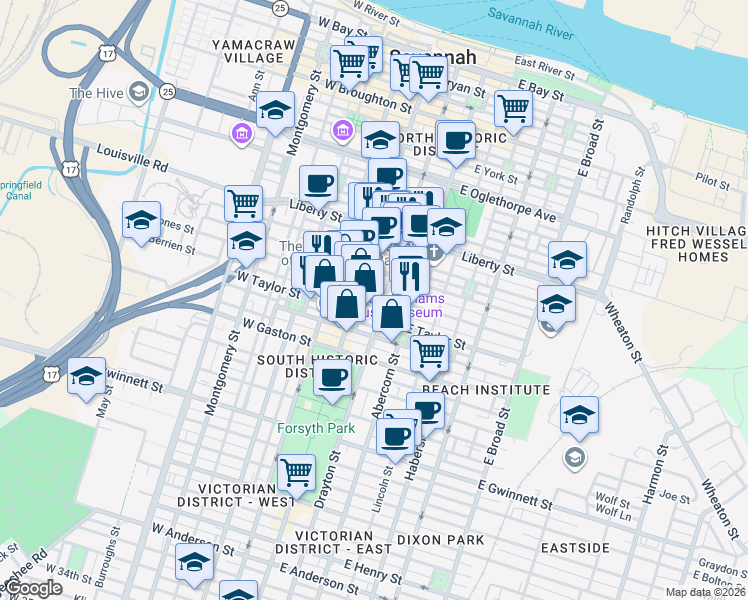 map of restaurants, bars, coffee shops, grocery stores, and more near in Savannah