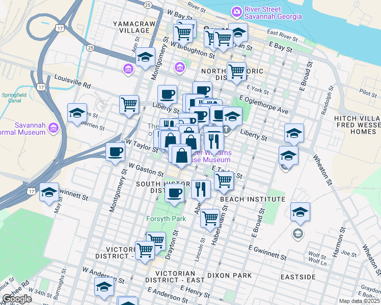map of restaurants, bars, coffee shops, grocery stores, and more near 2 East Taylor Street in Savannah