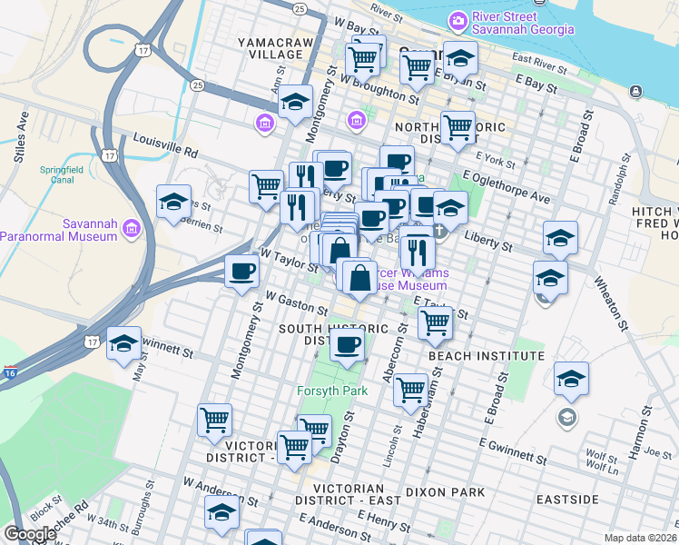 map of restaurants, bars, coffee shops, grocery stores, and more near in Savannah