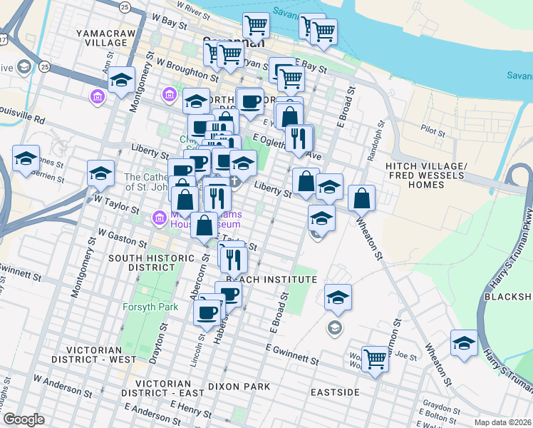 map of restaurants, bars, coffee shops, grocery stores, and more near 507 East Charlton Street in Savannah