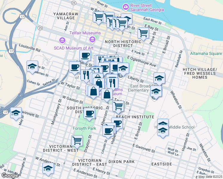 map of restaurants, bars, coffee shops, grocery stores, and more near 122 East Jones Street in Savannah