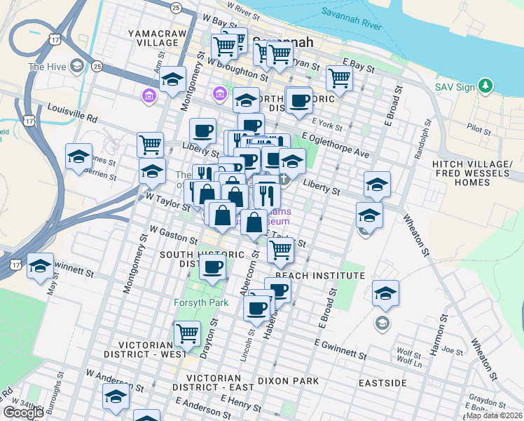 map of restaurants, bars, coffee shops, grocery stores, and more near 118 East Jones Street in Savannah