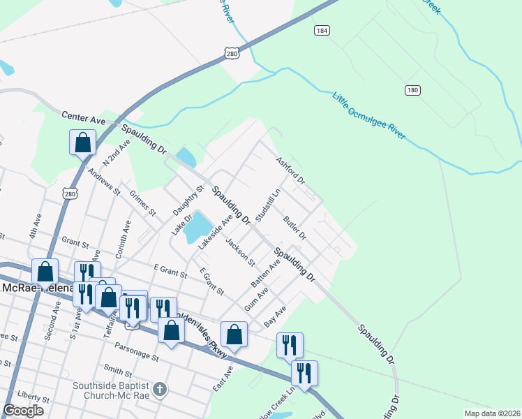 map of restaurants, bars, coffee shops, grocery stores, and more near 8 Studstill Lane in McRae-Helena