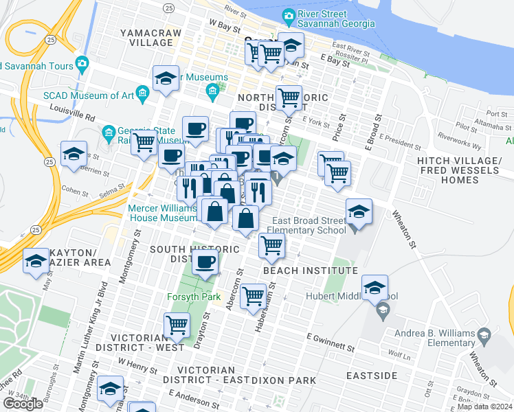 map of restaurants, bars, coffee shops, grocery stores, and more near 110 East Jones Lane in Savannah