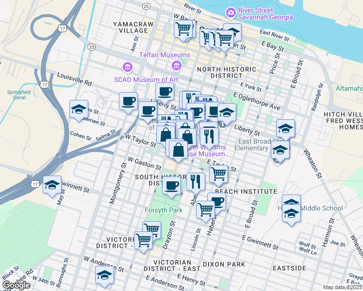 map of restaurants, bars, coffee shops, grocery stores, and more near 1 West Jones Street in Savannah