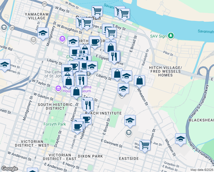 map of restaurants, bars, coffee shops, grocery stores, and more near 507 East Charlton Street in Savannah