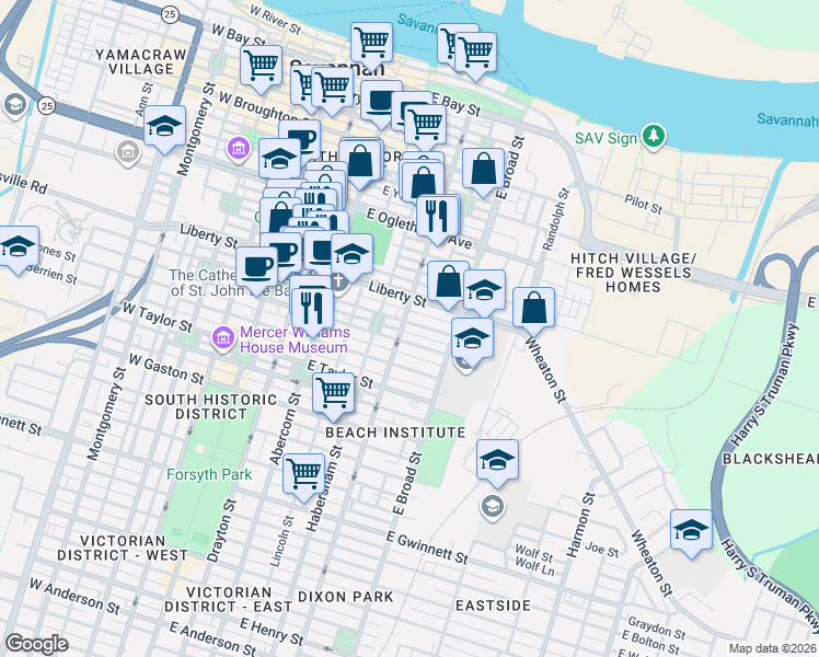 map of restaurants, bars, coffee shops, grocery stores, and more near 413 East Liberty in Savannah