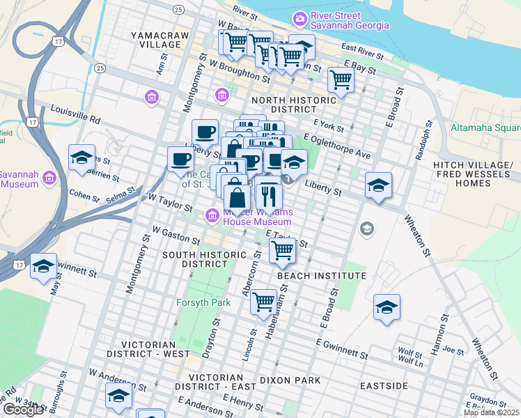 map of restaurants, bars, coffee shops, grocery stores, and more near 102 East Harris Street in Savannah