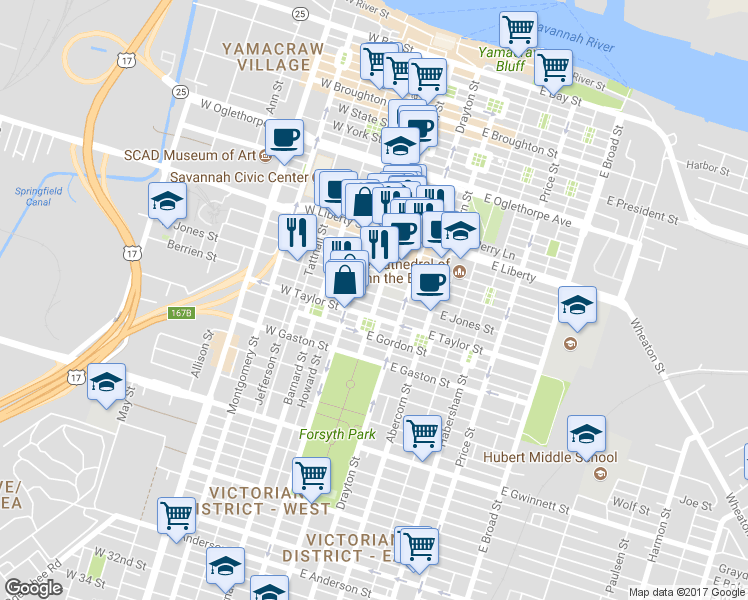 map of restaurants, bars, coffee shops, grocery stores, and more near 345 Bull Street in Savannah