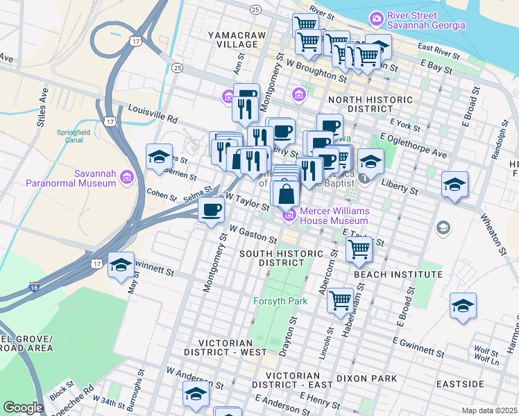 map of restaurants, bars, coffee shops, grocery stores, and more near 415 Tattnall Street in Savannah