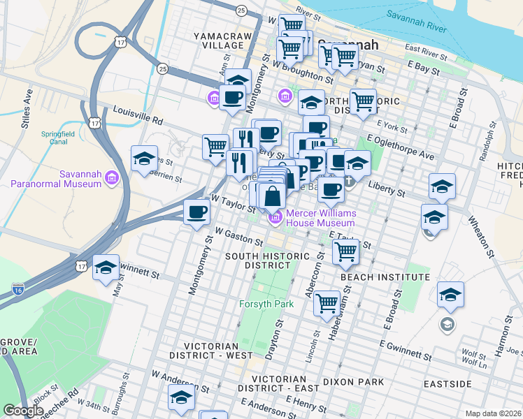 map of restaurants, bars, coffee shops, grocery stores, and more near in Savannah