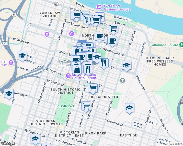 map of restaurants, bars, coffee shops, grocery stores, and more near in Savannah