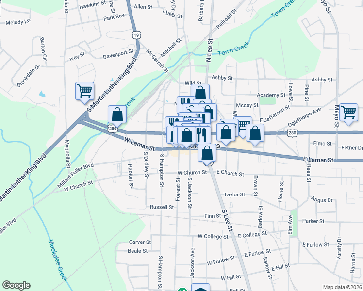 map of restaurants, bars, coffee shops, grocery stores, and more near 116 North Jackson Street in Americus