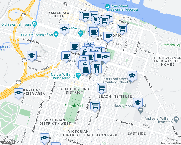 map of restaurants, bars, coffee shops, grocery stores, and more near 102 East Harris Street in Savannah