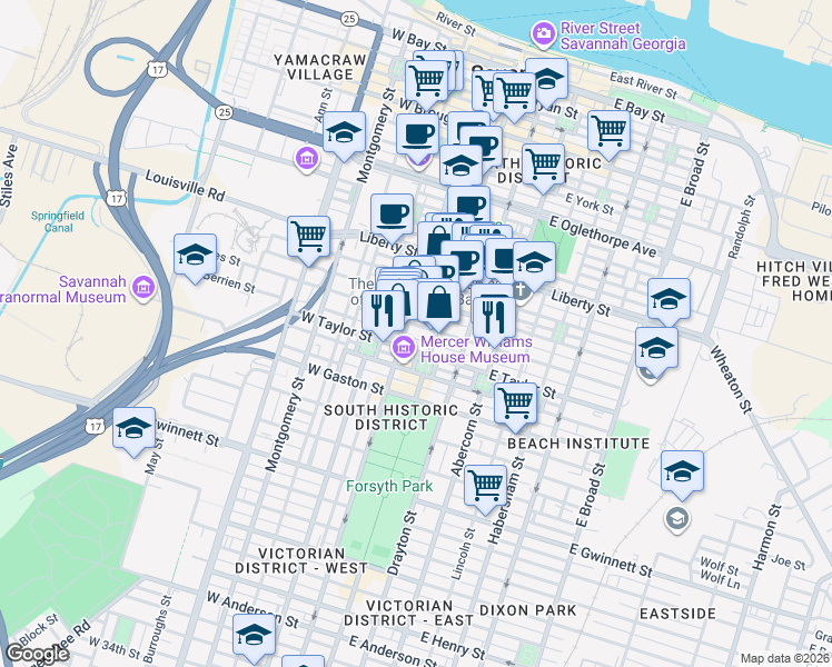 map of restaurants, bars, coffee shops, grocery stores, and more near 345 Bull Street in Savannah