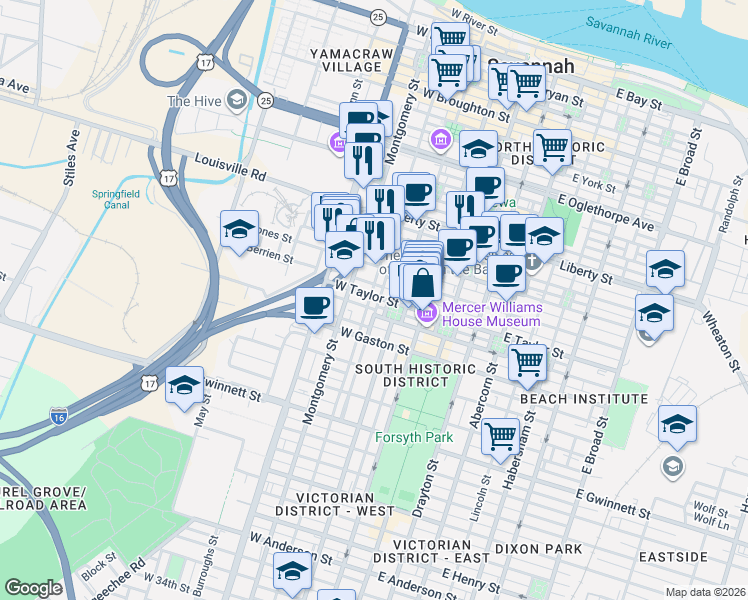map of restaurants, bars, coffee shops, grocery stores, and more near 415 Tattnall Street in Savannah