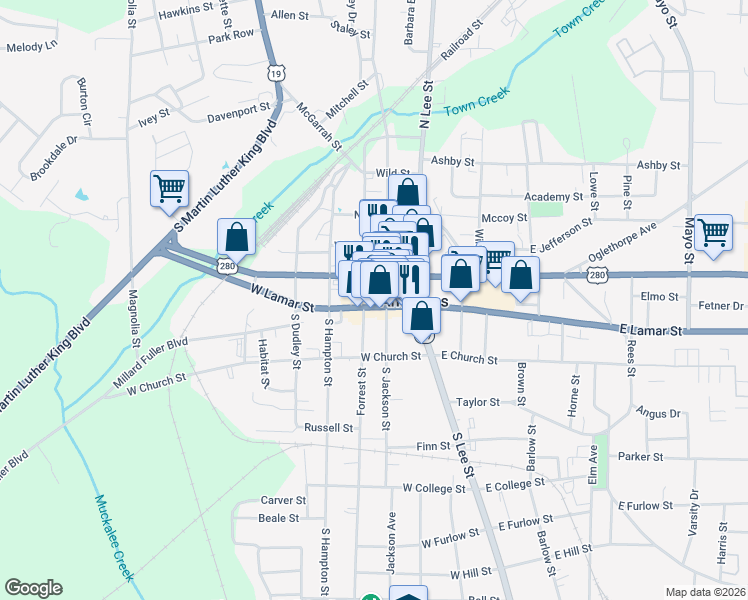 map of restaurants, bars, coffee shops, grocery stores, and more near 116 North Jackson Street in Americus