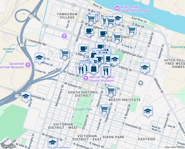 map of restaurants, bars, coffee shops, grocery stores, and more near 345 Bull Street in Savannah