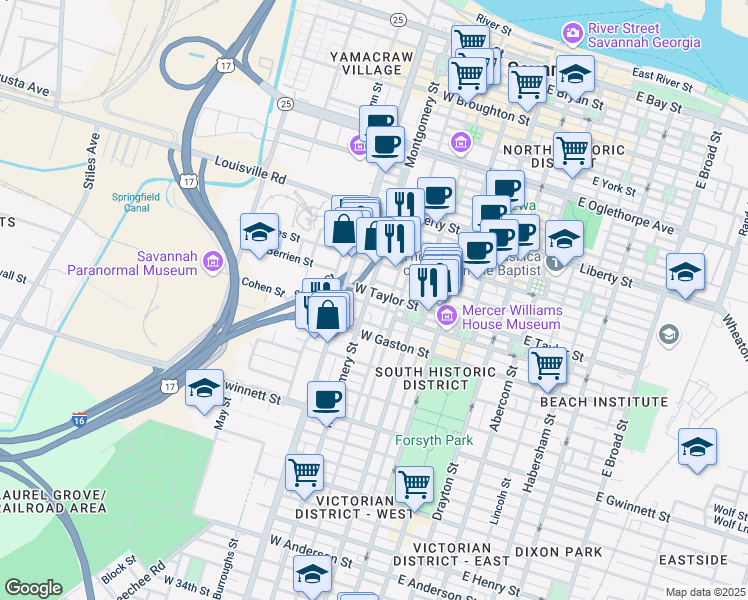 map of restaurants, bars, coffee shops, grocery stores, and more near 423 Montgomery Street in Savannah