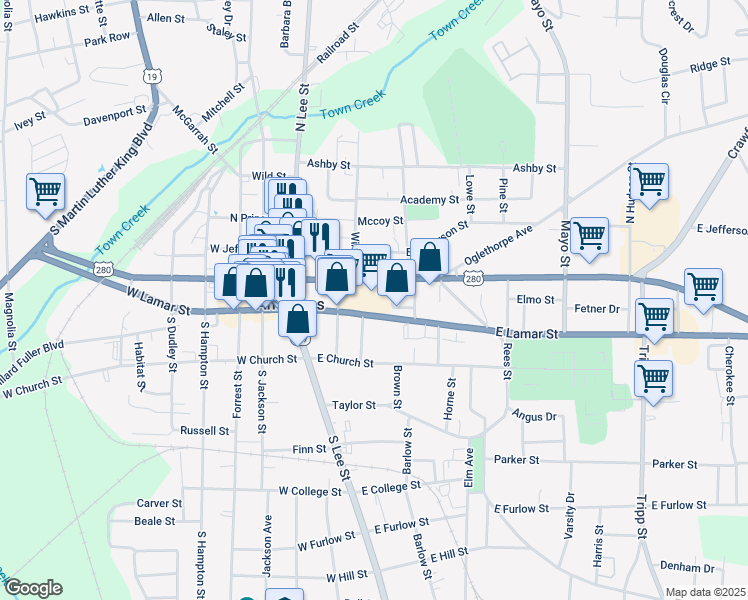 map of restaurants, bars, coffee shops, grocery stores, and more near 883-901 West Forsyth Street in Americus
