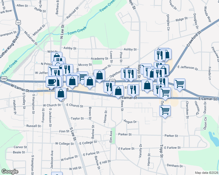 map of restaurants, bars, coffee shops, grocery stores, and more near 616 Apple Drive in Americus