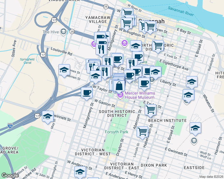 map of restaurants, bars, coffee shops, grocery stores, and more near 415 Tattnall Street in Savannah
