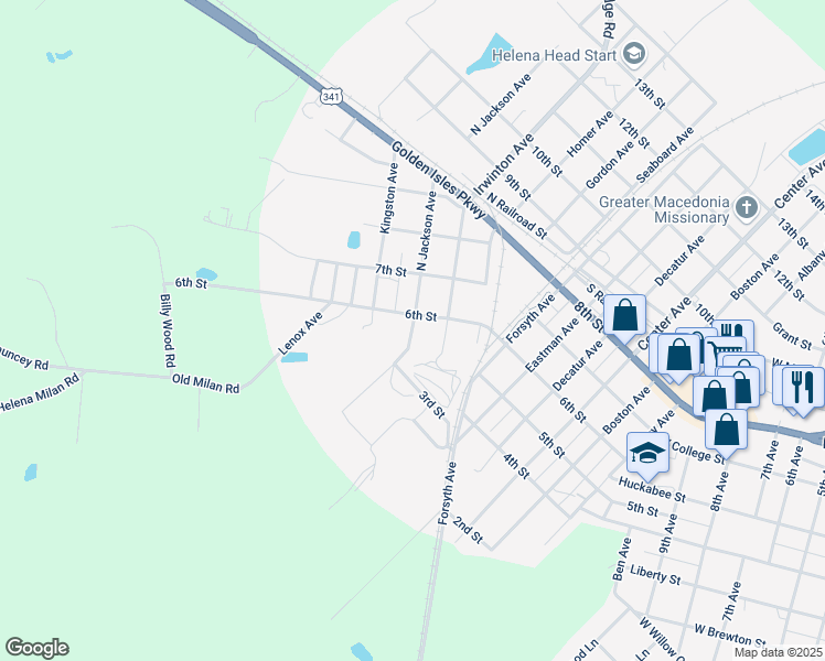 map of restaurants, bars, coffee shops, grocery stores, and more near 303 North Jackson Avenue in McRae-Helena