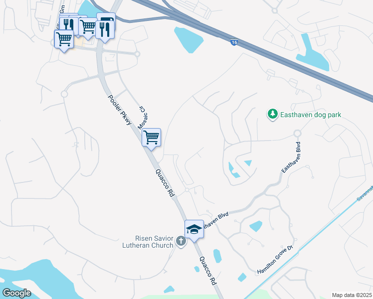 map of restaurants, bars, coffee shops, grocery stores, and more near Quacco Road in Pooler