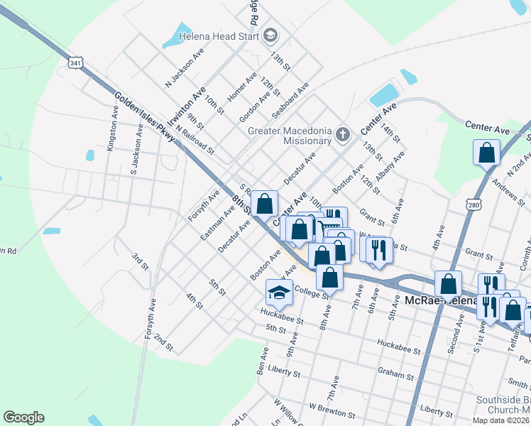 map of restaurants, bars, coffee shops, grocery stores, and more near 178 8th Avenue in McRae-Helena