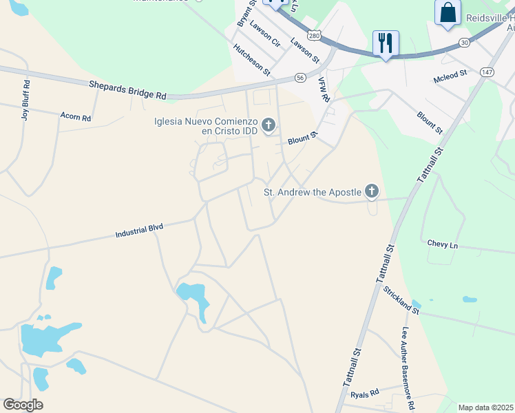 map of restaurants, bars, coffee shops, grocery stores, and more near Saint Martin in Reidsville