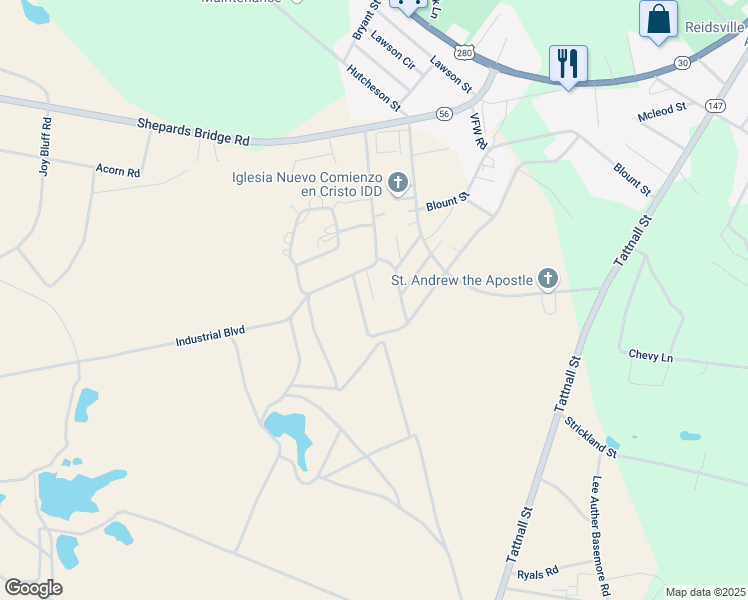 map of restaurants, bars, coffee shops, grocery stores, and more near Saint Martin in Reidsville
