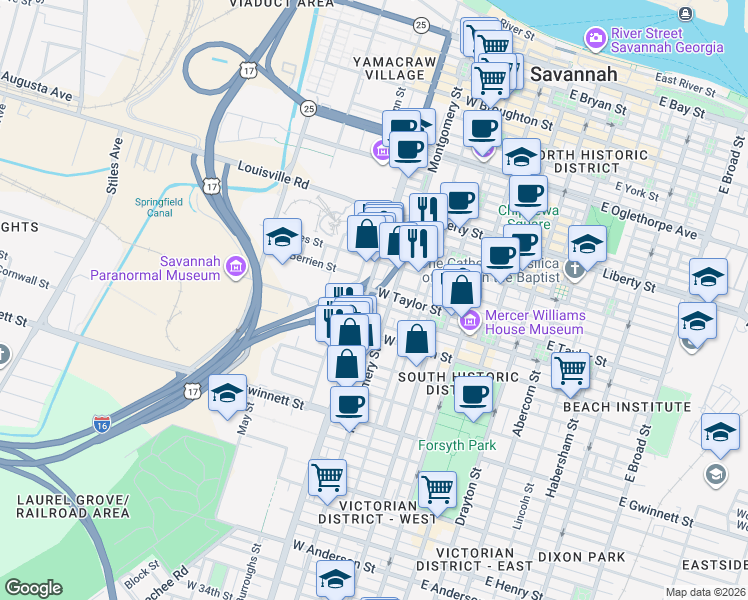 map of restaurants, bars, coffee shops, grocery stores, and more near in Savannah