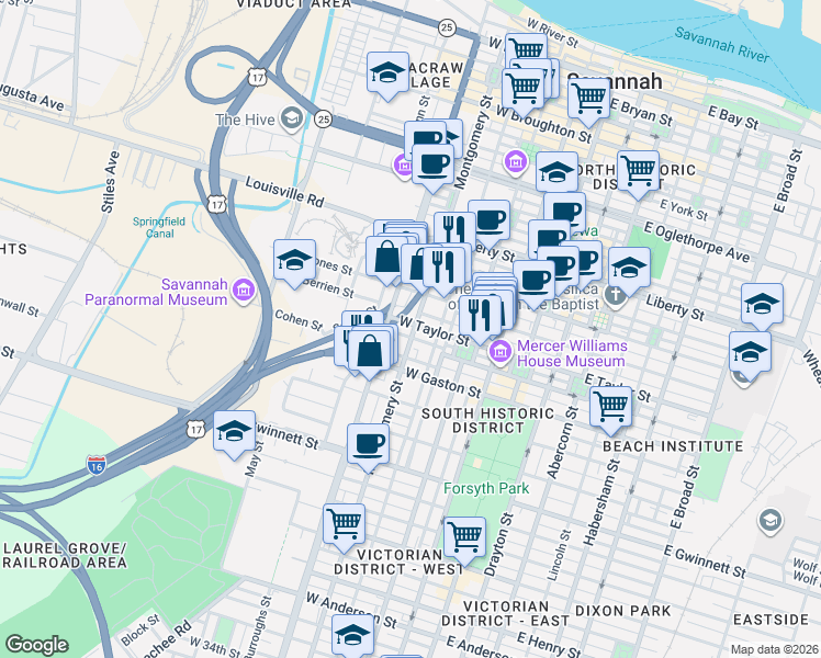 map of restaurants, bars, coffee shops, grocery stores, and more near 423 Montgomery Street in Savannah