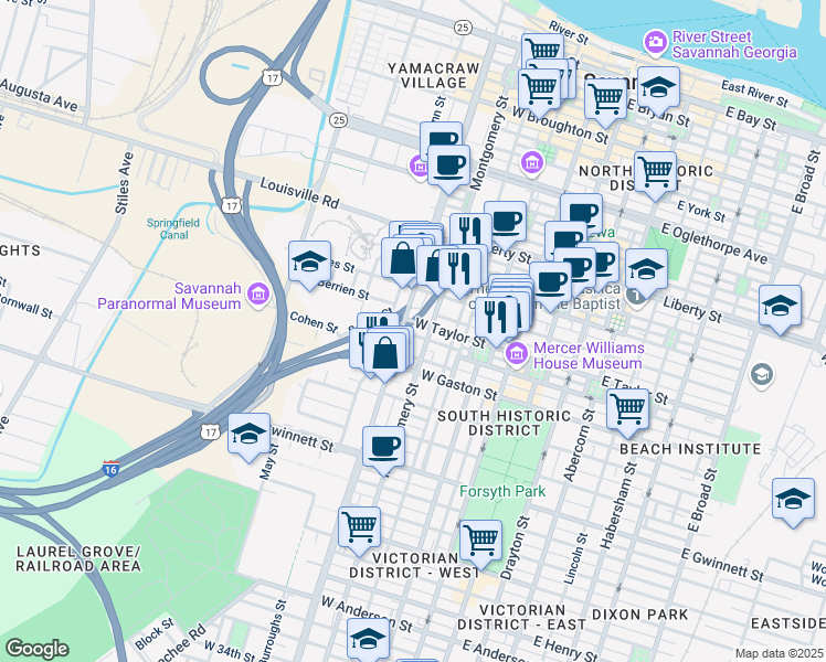 map of restaurants, bars, coffee shops, grocery stores, and more near 423 Montgomery Street in Savannah