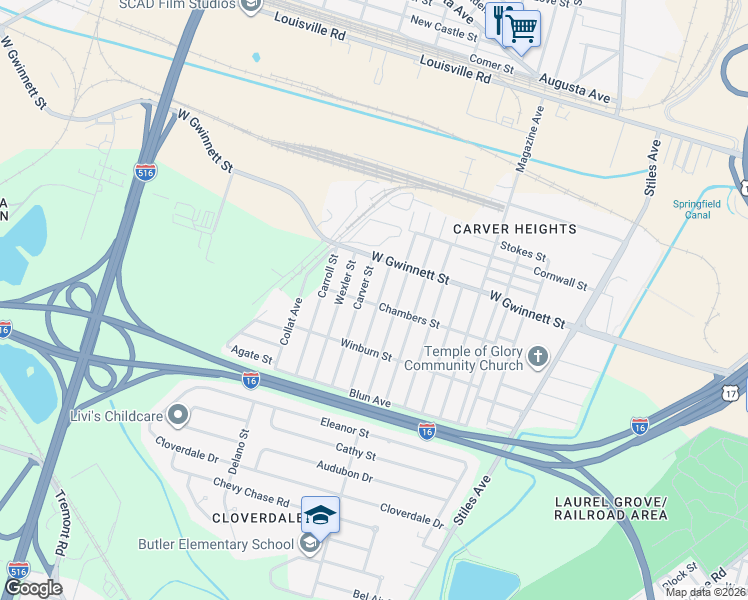 map of restaurants, bars, coffee shops, grocery stores, and more near 820 Carver Street in Savannah