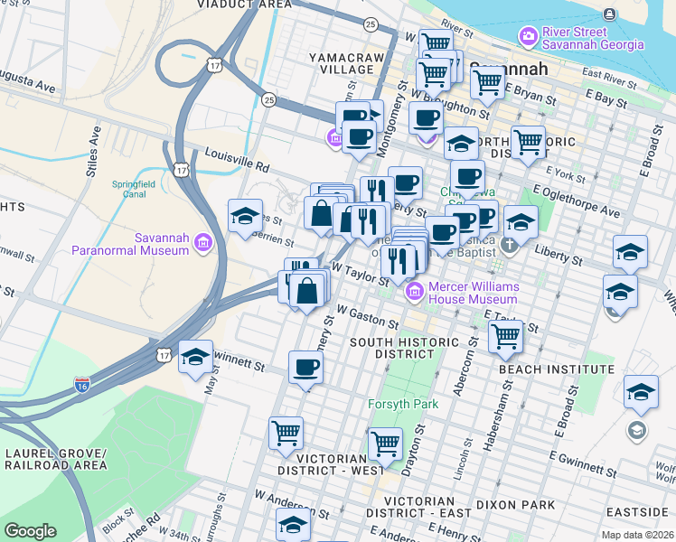 map of restaurants, bars, coffee shops, grocery stores, and more near 423 Montgomery Street in Savannah