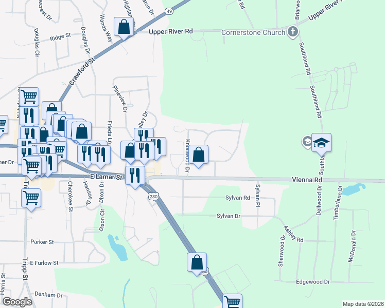 map of restaurants, bars, coffee shops, grocery stores, and more near 105 Knollwood Drive in Americus