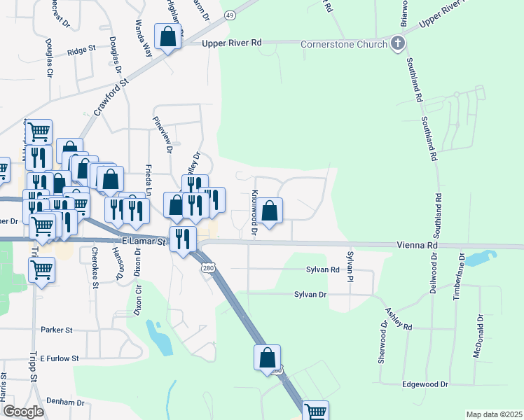 map of restaurants, bars, coffee shops, grocery stores, and more near 105 Knollwood Drive in Americus