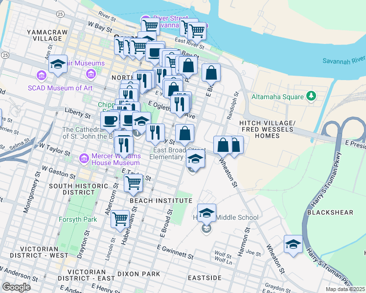 map of restaurants, bars, coffee shops, grocery stores, and more near 537 East Liberty in Savannah
