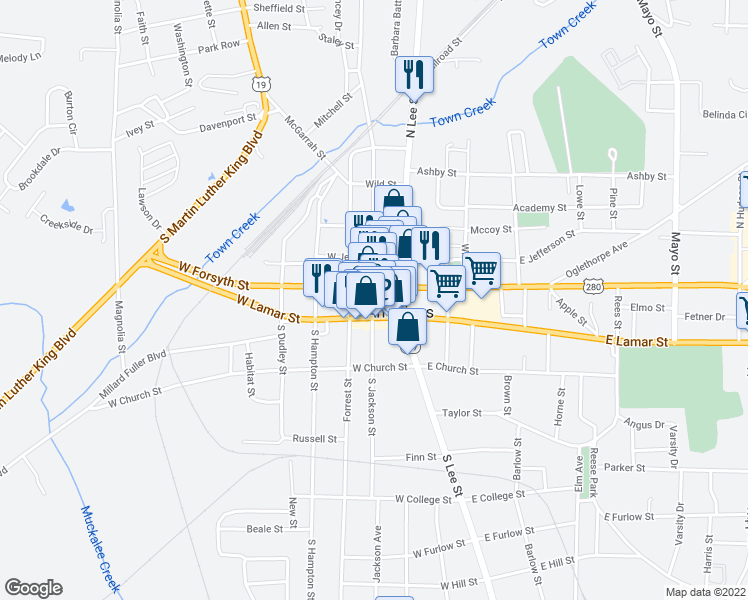 map of restaurants, bars, coffee shops, grocery stores, and more near 116 N Jackson St in Americus