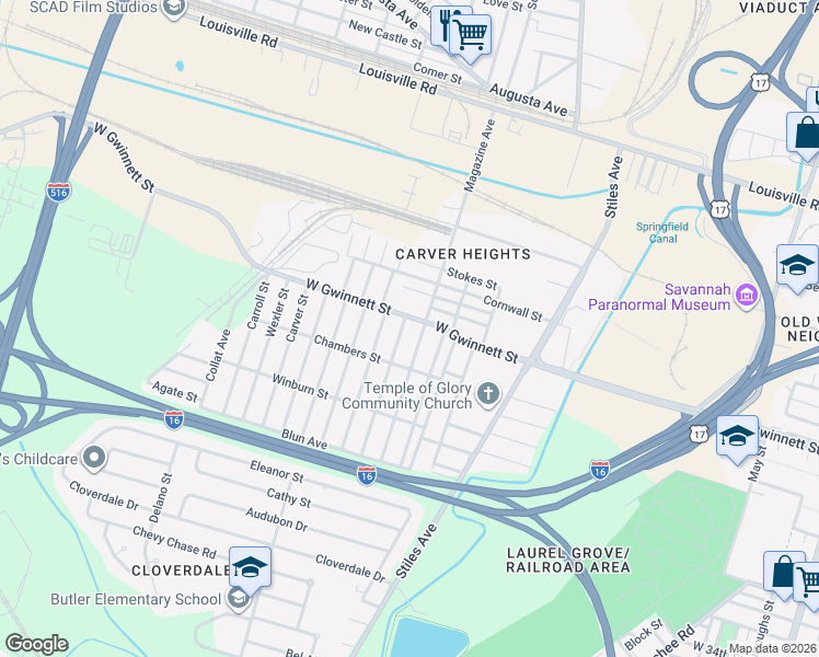 map of restaurants, bars, coffee shops, grocery stores, and more near 801 Carter Street in Savannah