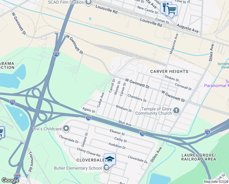 map of restaurants, bars, coffee shops, grocery stores, and more near 901 Wexler Street in Savannah