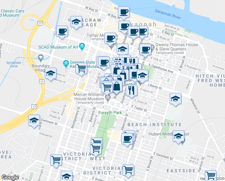 map of restaurants, bars, coffee shops, grocery stores, and more near 345 Bull Street in Savannah
