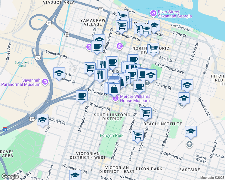 map of restaurants, bars, coffee shops, grocery stores, and more near 122 West Jones Street in Savannah