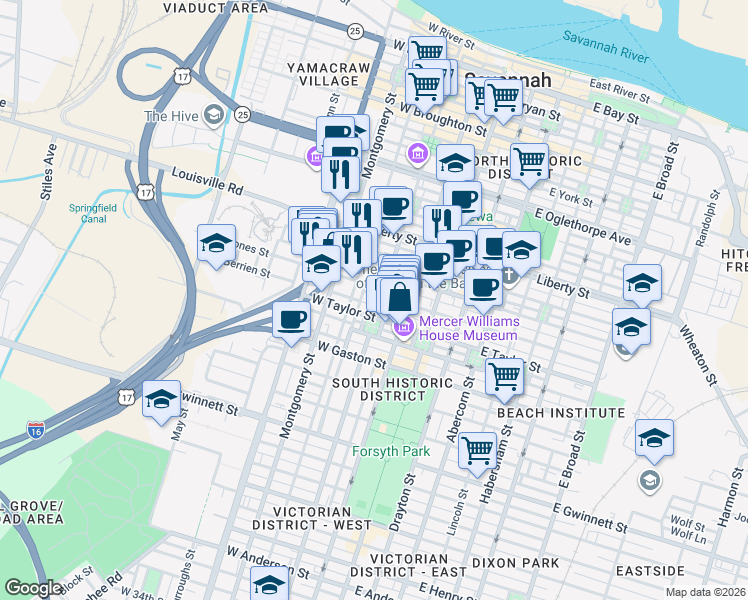 map of restaurants, bars, coffee shops, grocery stores, and more near 415 Tattnall Street in Savannah