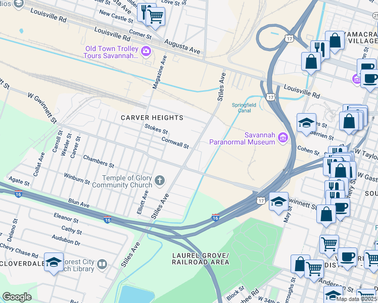 map of restaurants, bars, coffee shops, grocery stores, and more near 707 Stiles Avenue in Savannah