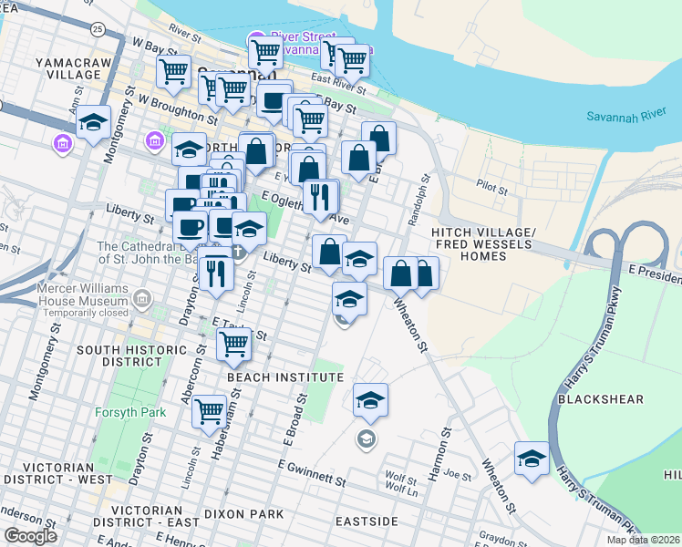 map of restaurants, bars, coffee shops, grocery stores, and more near 537 East Liberty in Savannah