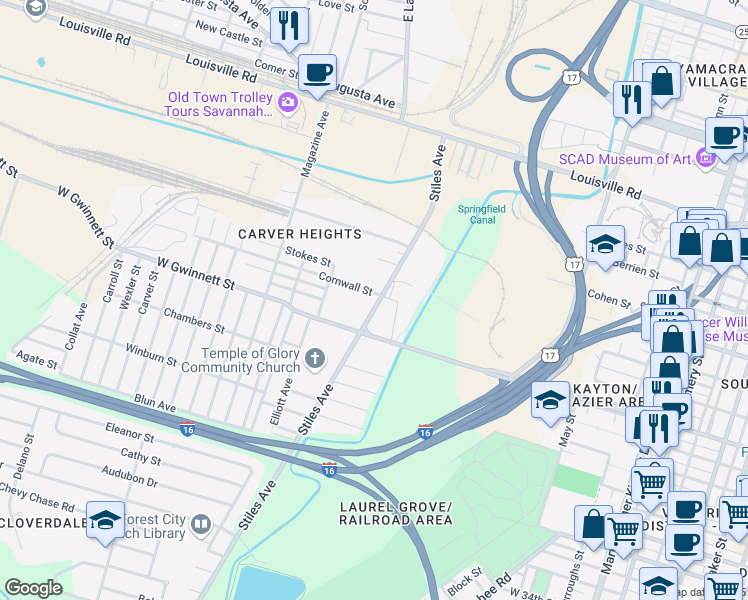 map of restaurants, bars, coffee shops, grocery stores, and more near 707 Stiles Avenue in Savannah